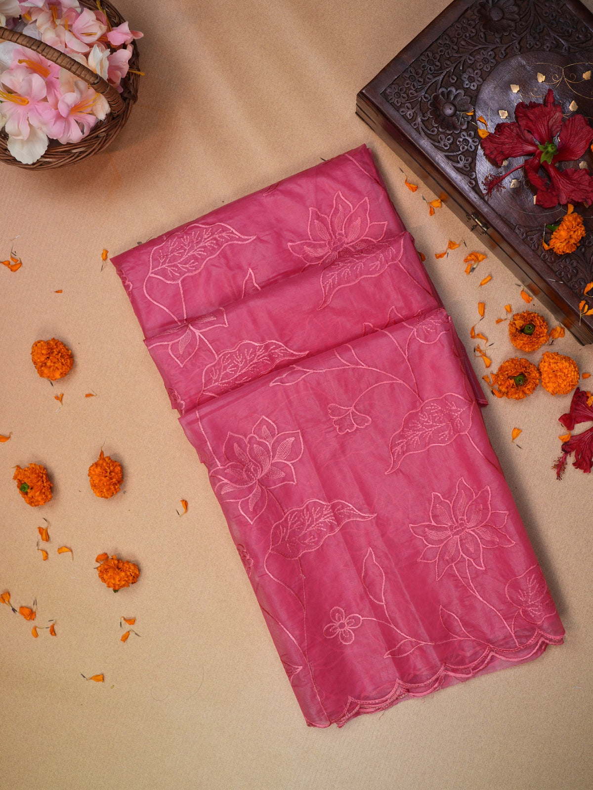 Rose Pink Soft Organza Silk Floral Embroidered Saree with Scalloped Border
