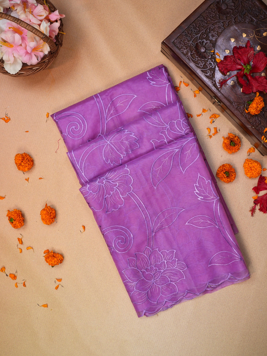 Lavender Soft Organza Silk Floral Embroidered Saree with Scalloped Border