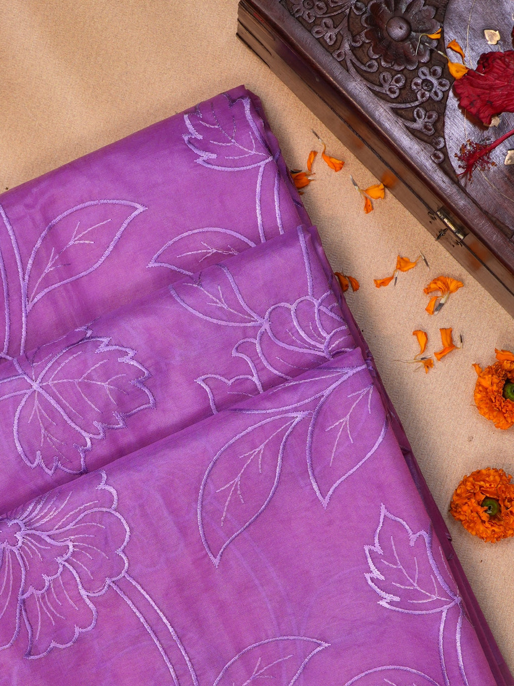 Lavender Soft Organza Silk Floral Embroidered Saree with Scalloped Border