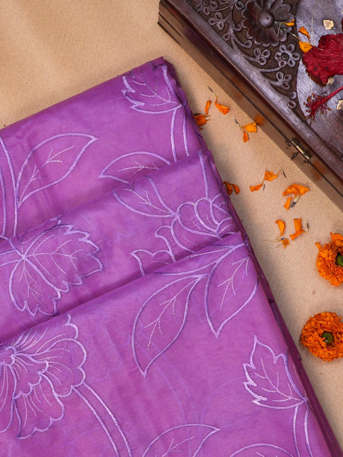 Lavender Soft Organza Silk Floral Embroidered Saree with Scalloped Border