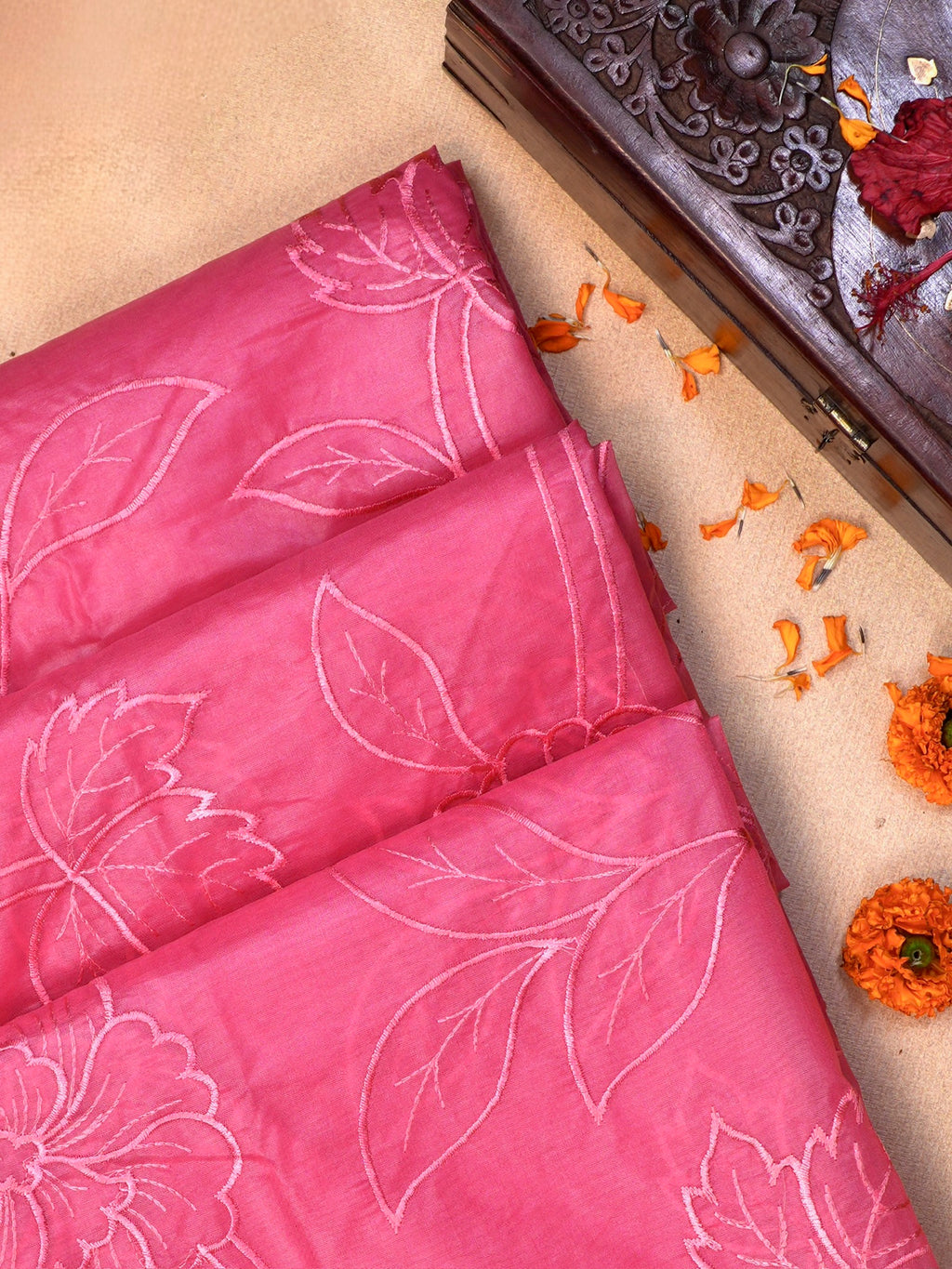 Rose Pink Soft Organza Silk Floral Embroidered Saree with Scalloped Border