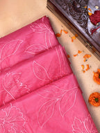 Rose Pink Soft Organza Silk Floral Embroidered Saree with Scalloped Border