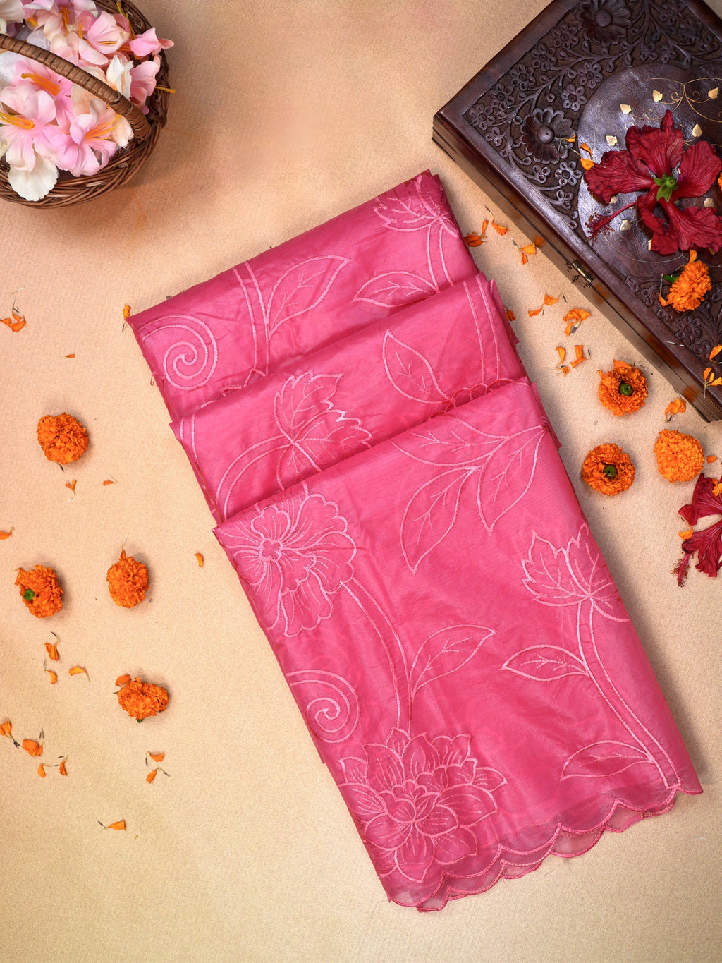 Rose Pink Soft Organza Silk Floral Embroidered Saree with Scalloped Border