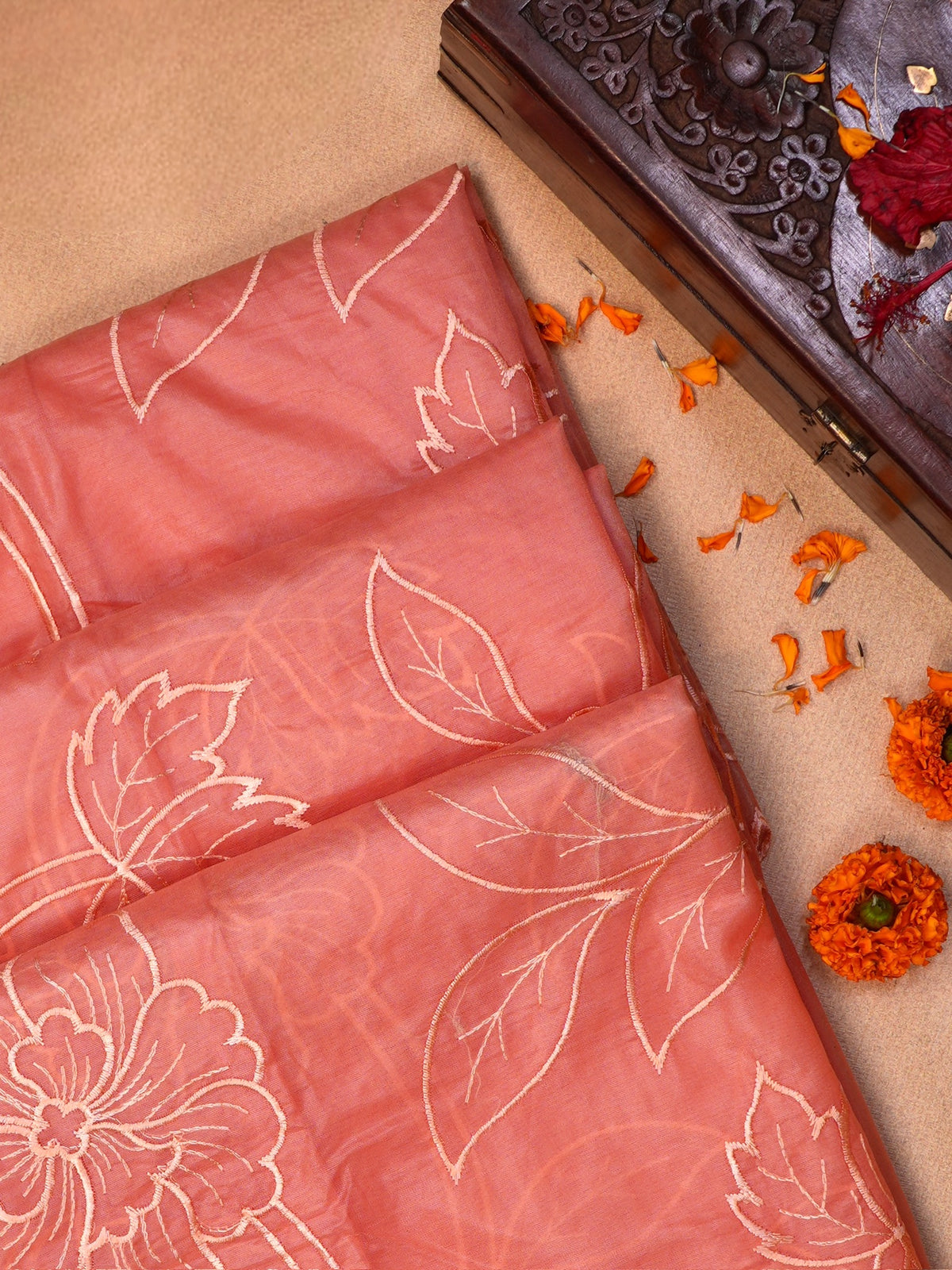 Dusty Peach Soft Organza Silk Floral Embroidered Saree with Scalloped Border