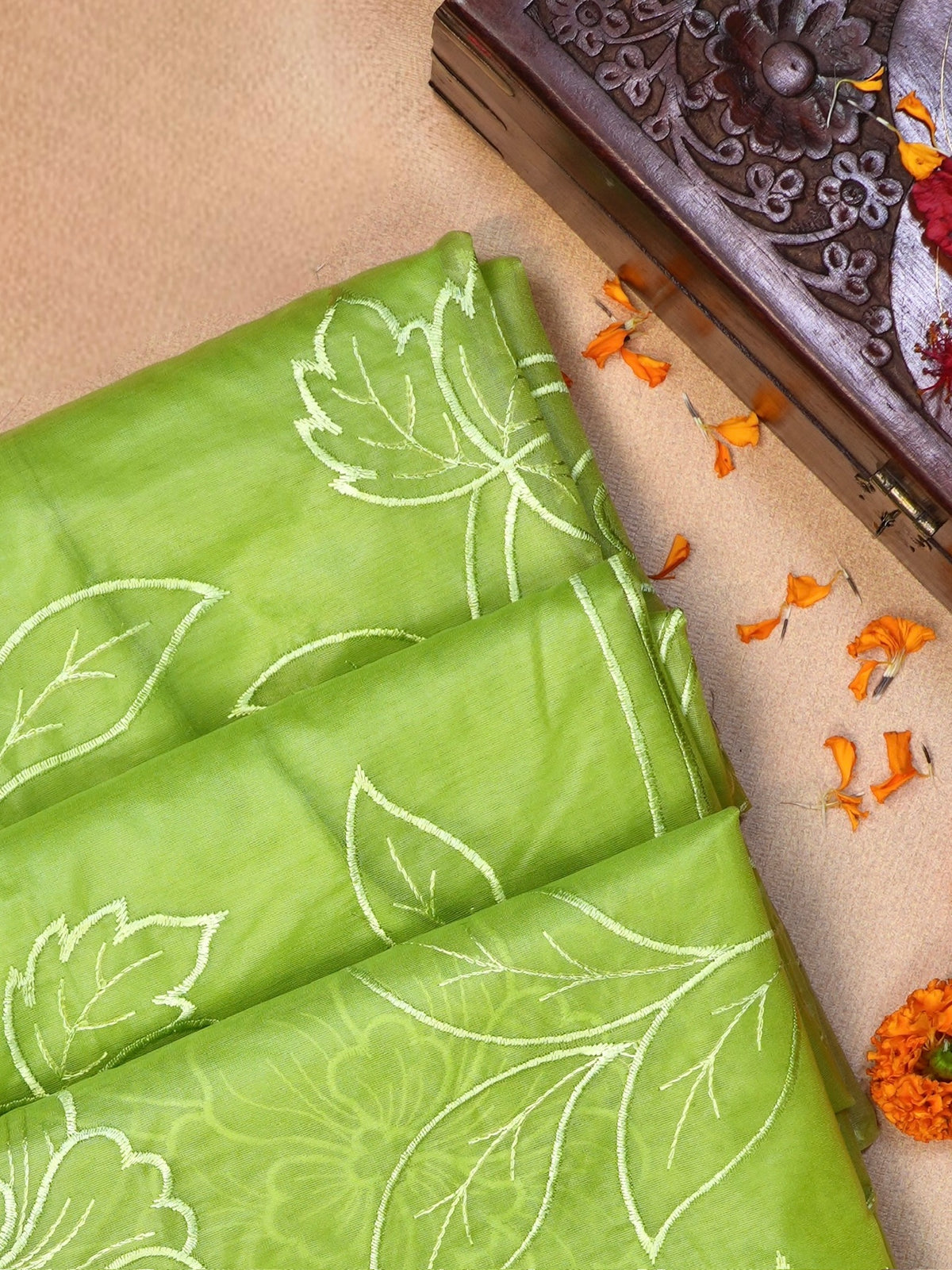 Light Green Soft Organza Silk Floral Embroidered Saree with Scalloped Border