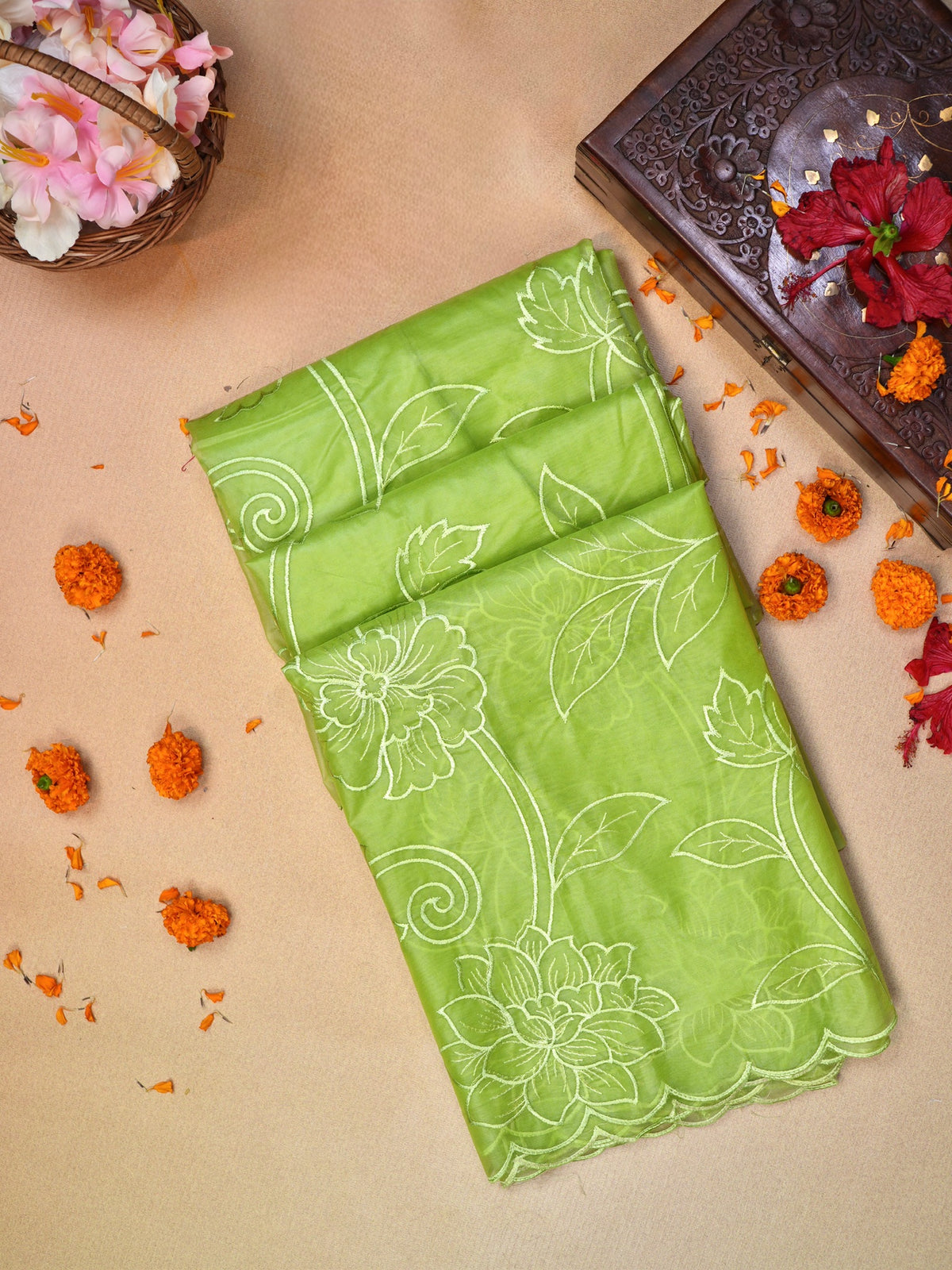 Light Green Soft Organza Silk Floral Embroidered Saree with Scalloped Border