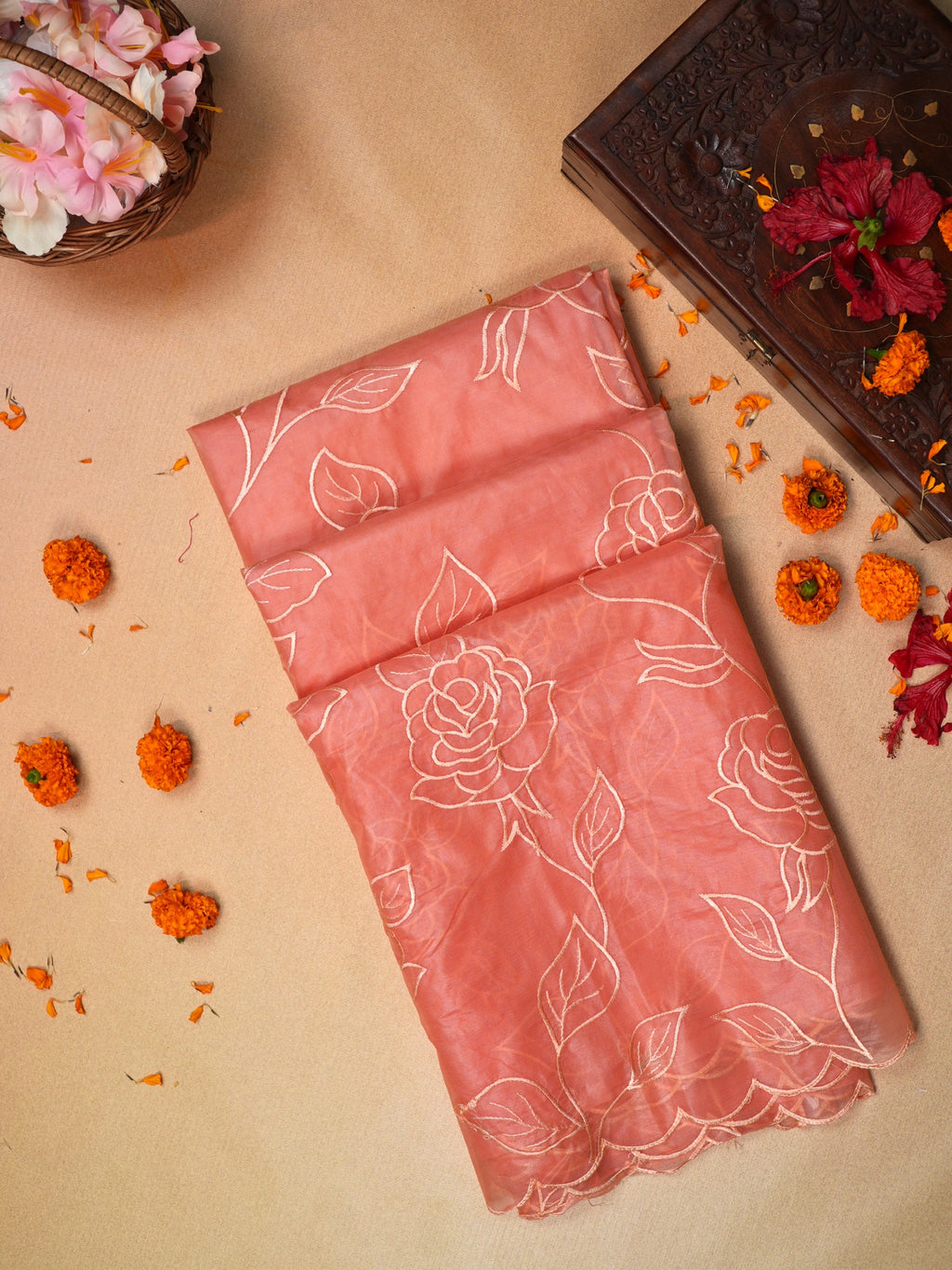 Peach Soft Organza Rose Embroidered Saree