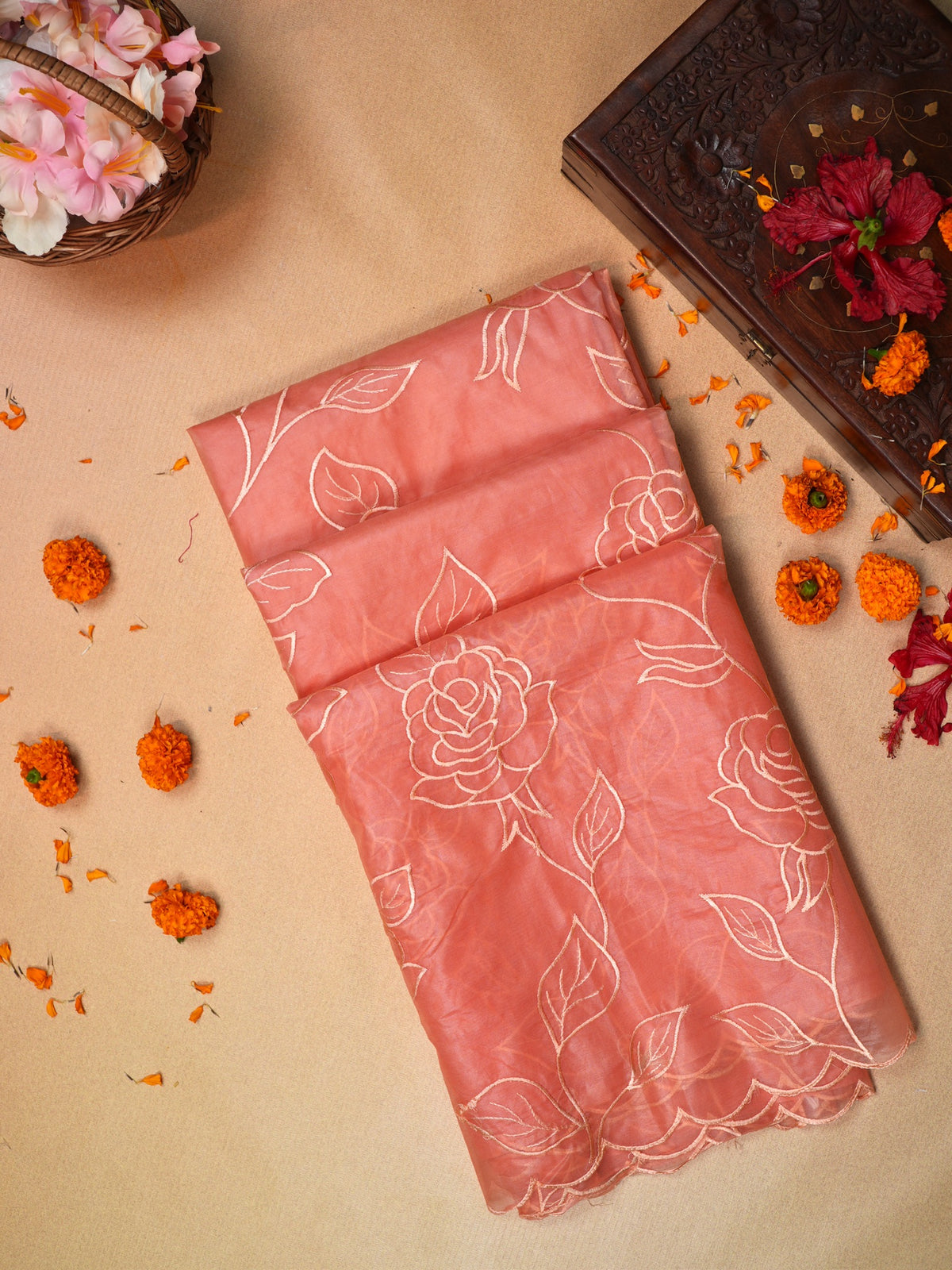 Peach Soft Organza Rose Embroidered Saree