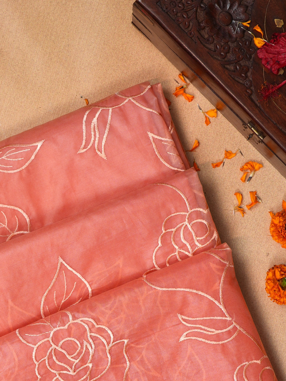 Peach Soft Organza Rose Embroidered Saree