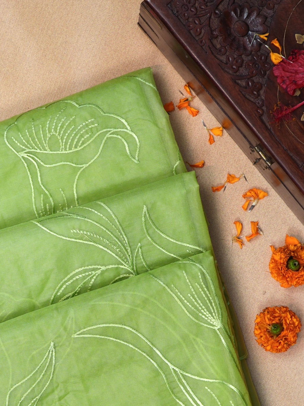 Pastel Pistachio Green Soft Organza Floral Embroidered Saree