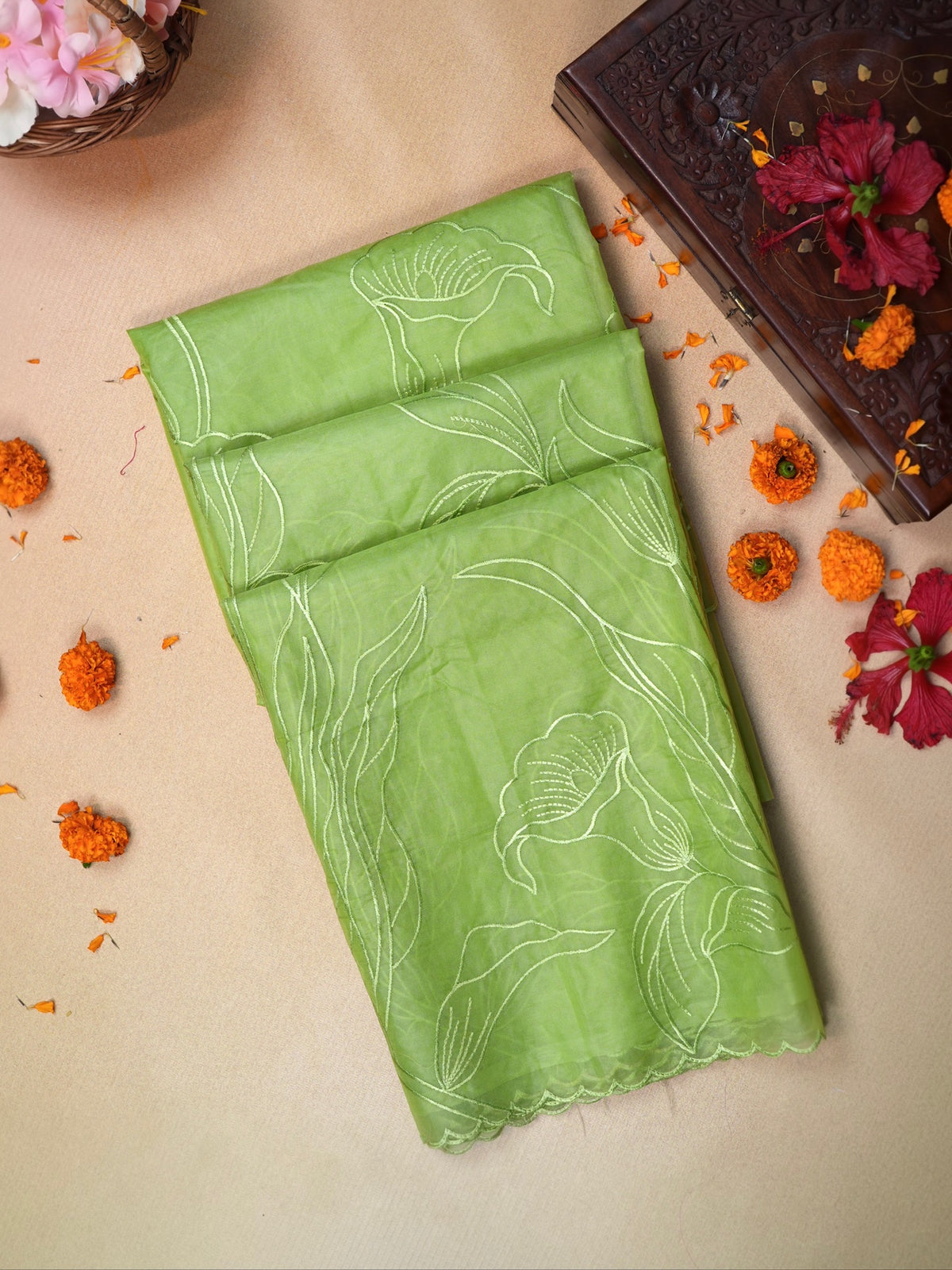 Pastel Pistachio Green Soft Organza Floral Embroidered Saree