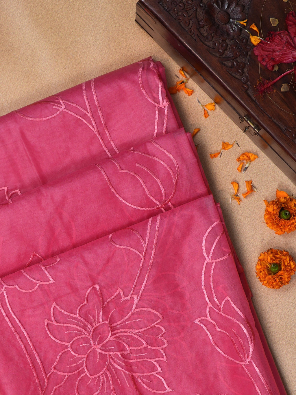 Rose Pink Soft Organza Vine & Floral Embroidered Saree