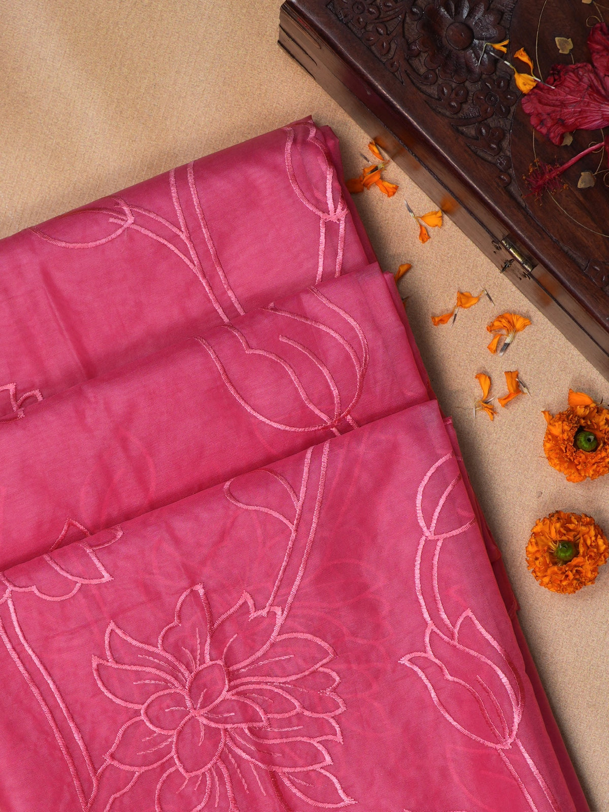 Rose Pink Soft Organza Vine & Floral Embroidered Saree