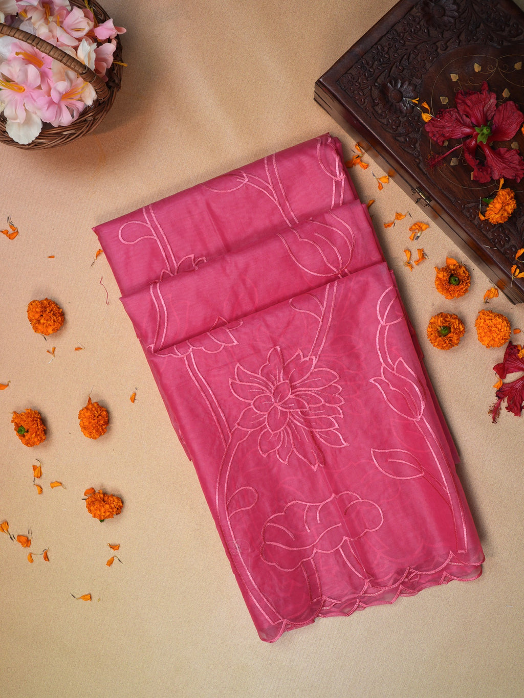 Rose Pink Soft Organza Vine & Floral Embroidered Saree