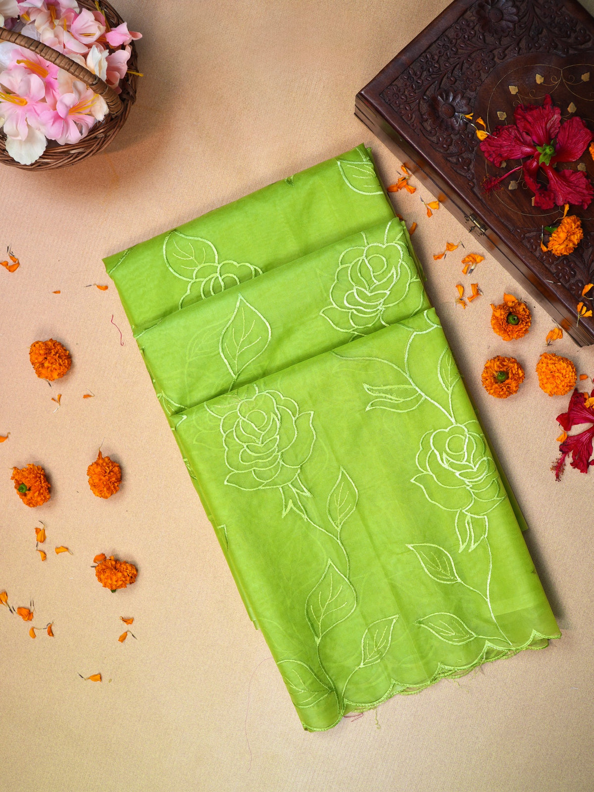 Pistachio Green Soft Organza Rose Embroidered Sare