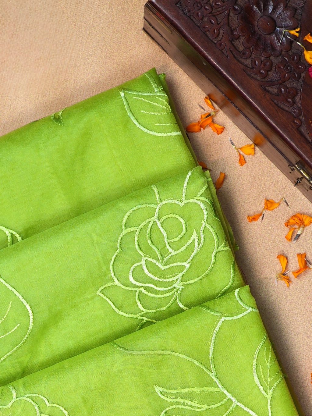 Pistachio Green Soft Organza Rose Embroidered Sare