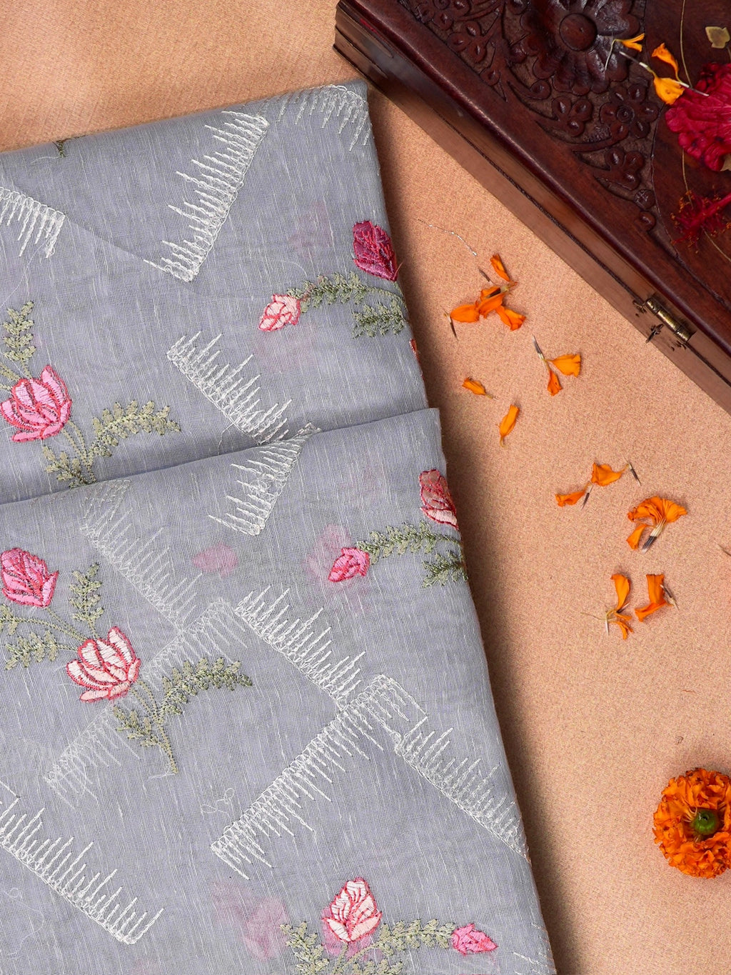 Grey Soft Cotton Silk Floral Embroidered Saree with Silver Zari