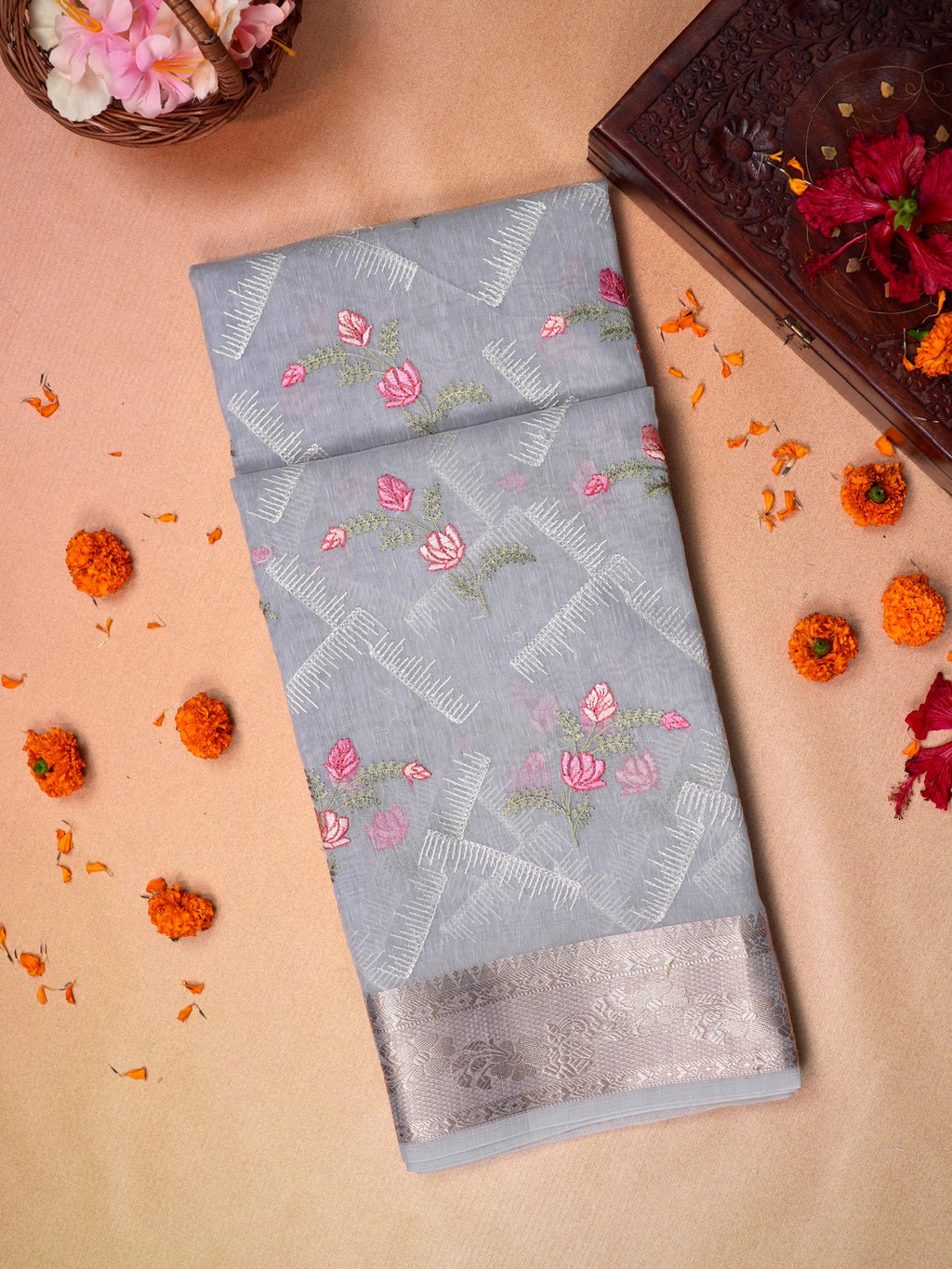 Grey Soft Cotton Silk Floral Embroidered Saree with Silver Zari