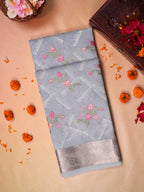Grey Soft Cotton Silk Floral Embroidered Saree with Silver Zari