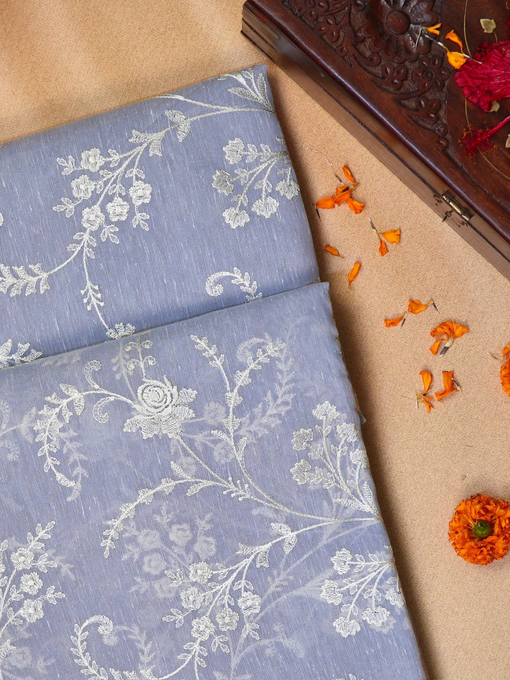 Light Blue Soft Cotton Silk Embroidered Saree with Silver Zari