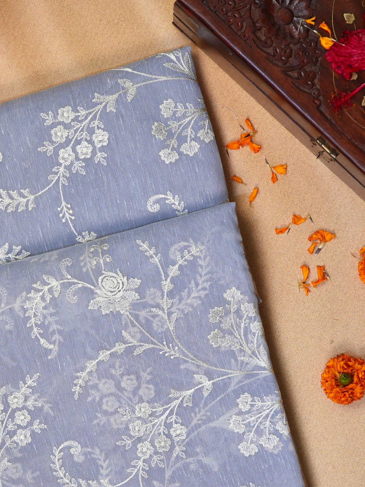 Light Blue Soft Cotton Silk Embroidered Saree with Silver Zari