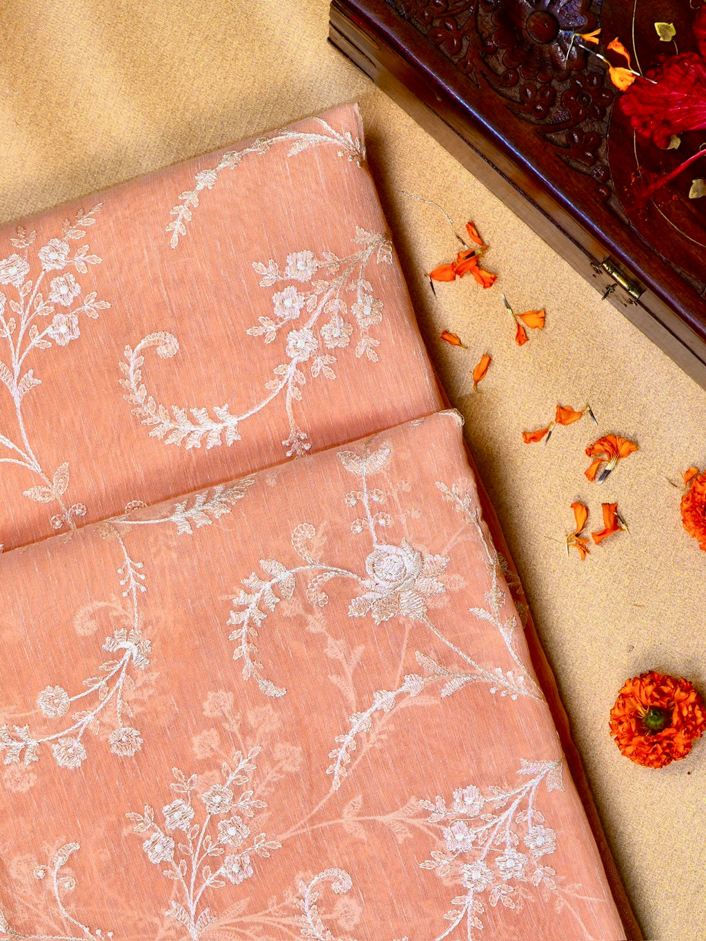 Peach Soft Cotton Silk Embroidered Saree with Silver Zari