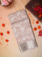 Beige Taupe Soft Cotton Silk Embroidered Saree with Silver Zari