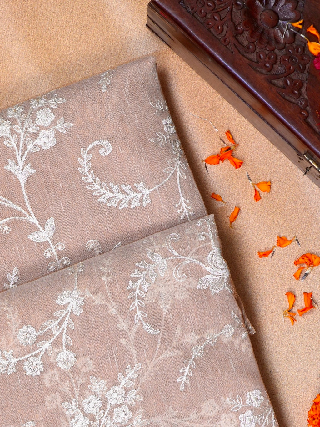 Beige Taupe Soft Cotton Silk Embroidered Saree with Silver Zari