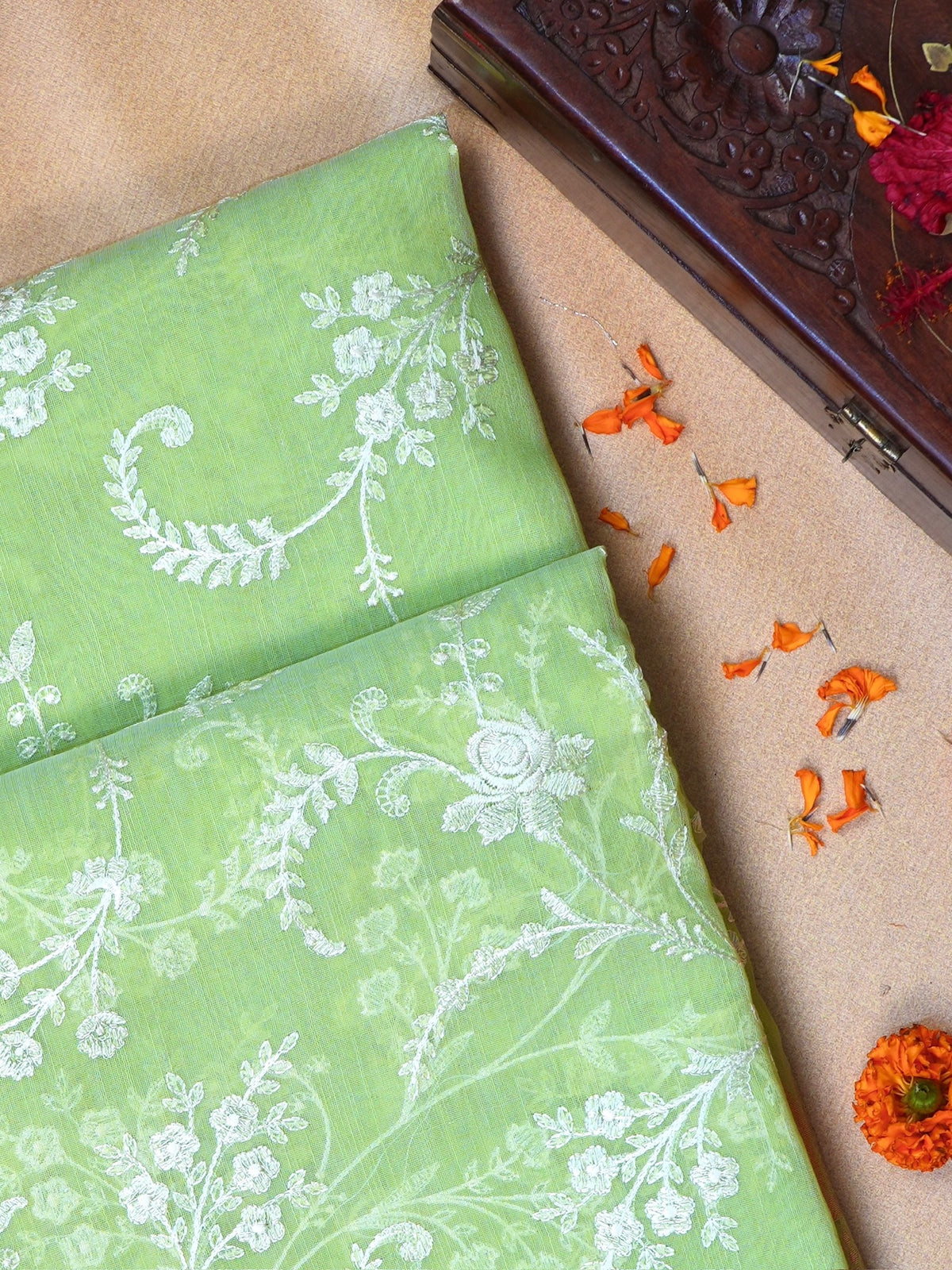 Light Green Soft Cotton Silk  Embroidered Saree with Silver Zari