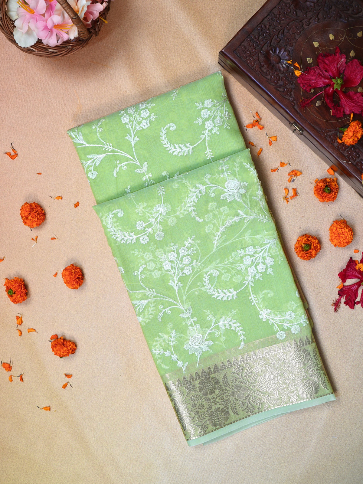 Light Green Soft Cotton Silk  Embroidered Saree with Silver Zari