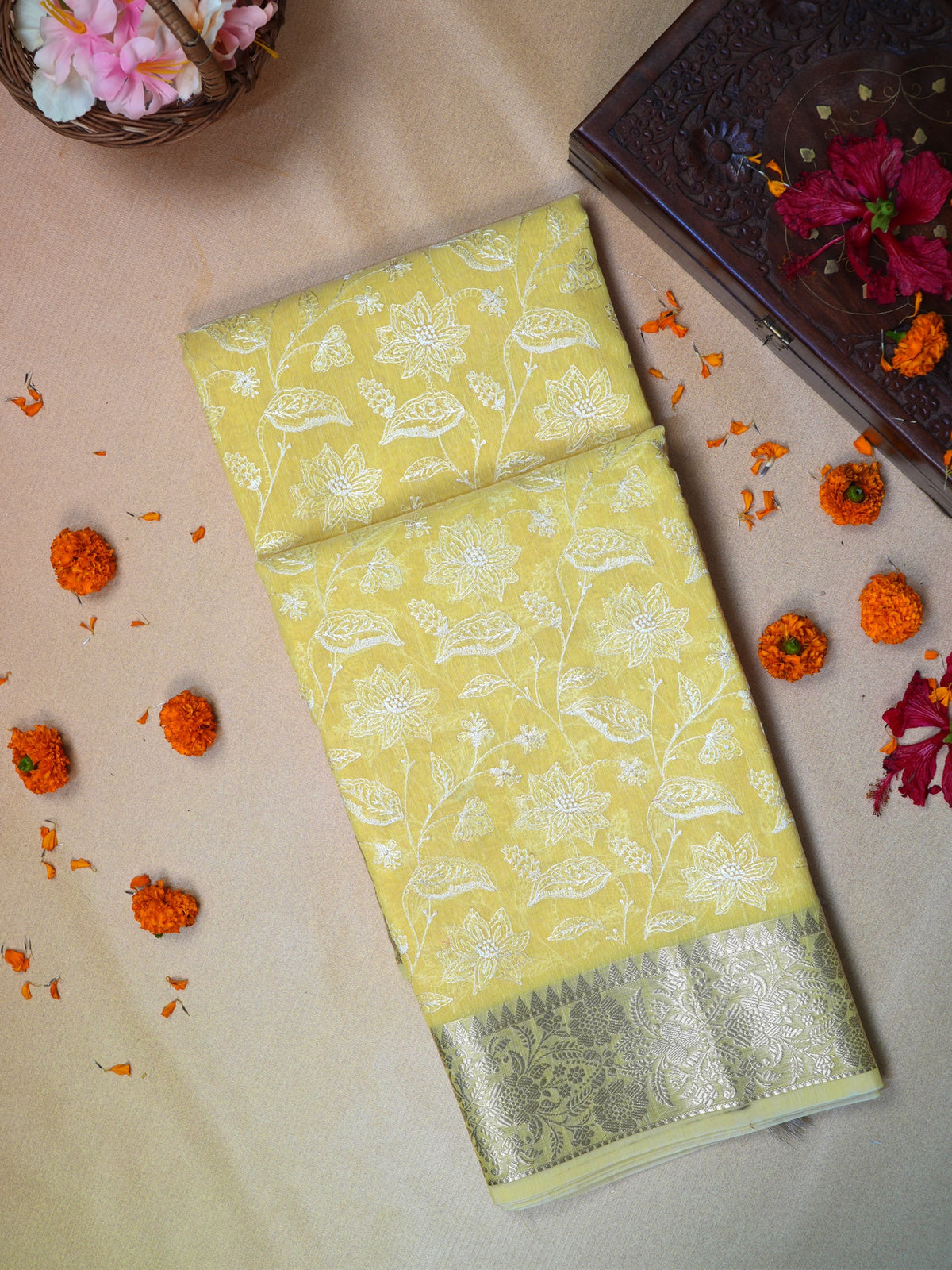 Sunshine Yellow Soft Cotton Silk Floral Vine Embroidered Saree with Silver Zari
