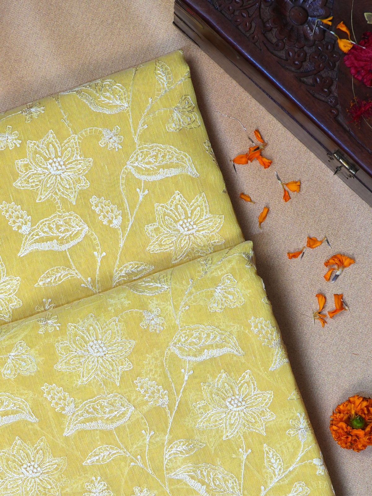 Sunshine Yellow Soft Cotton Silk Floral Vine Embroidered Saree with Silver Zari