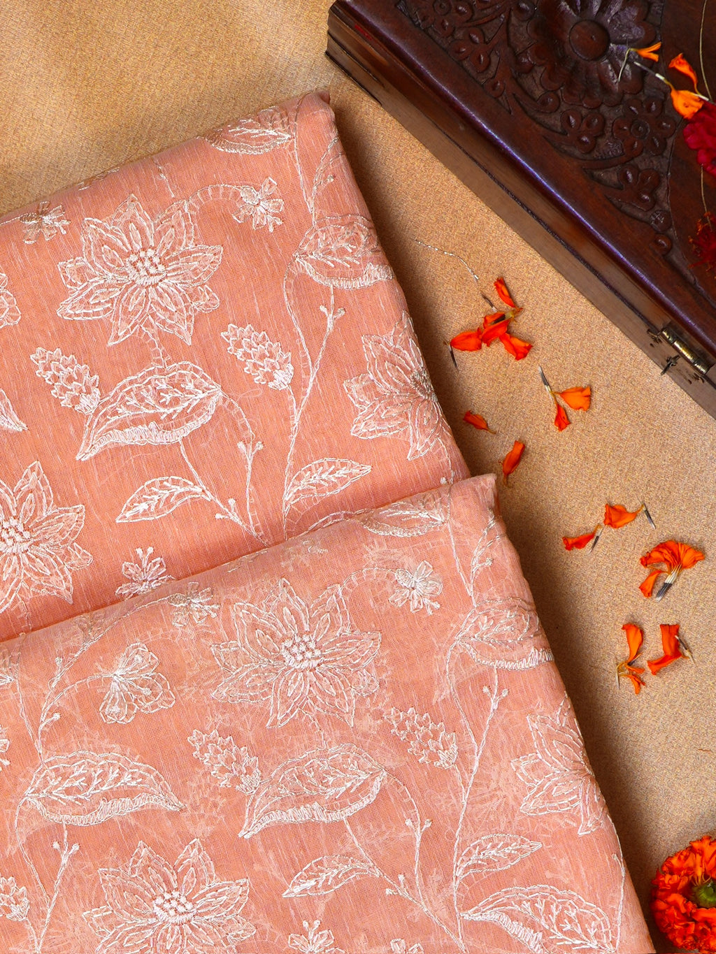 Peach Coral Soft Cotton Silk Floral Vine Embroidered Saree with Silver Zari