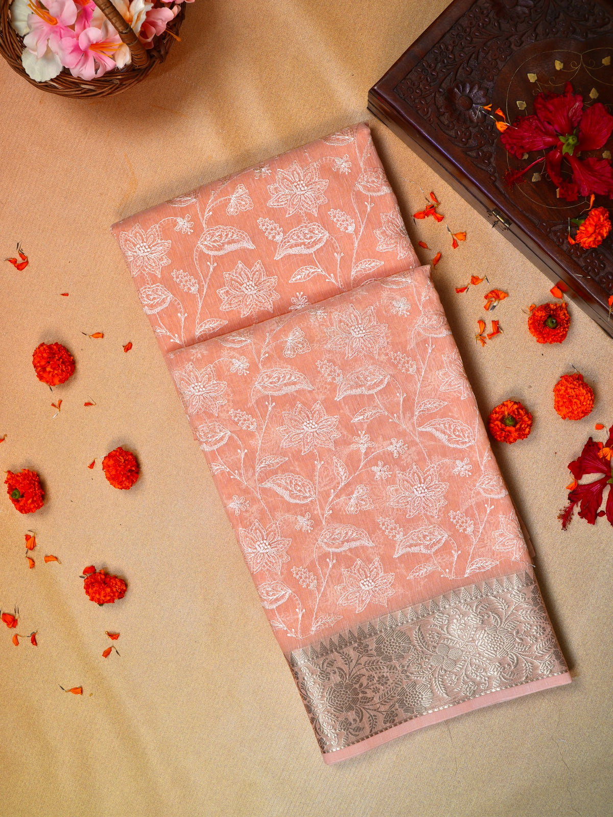 Peach Coral Soft Cotton Silk Floral Vine Embroidered Saree with Silver Zari