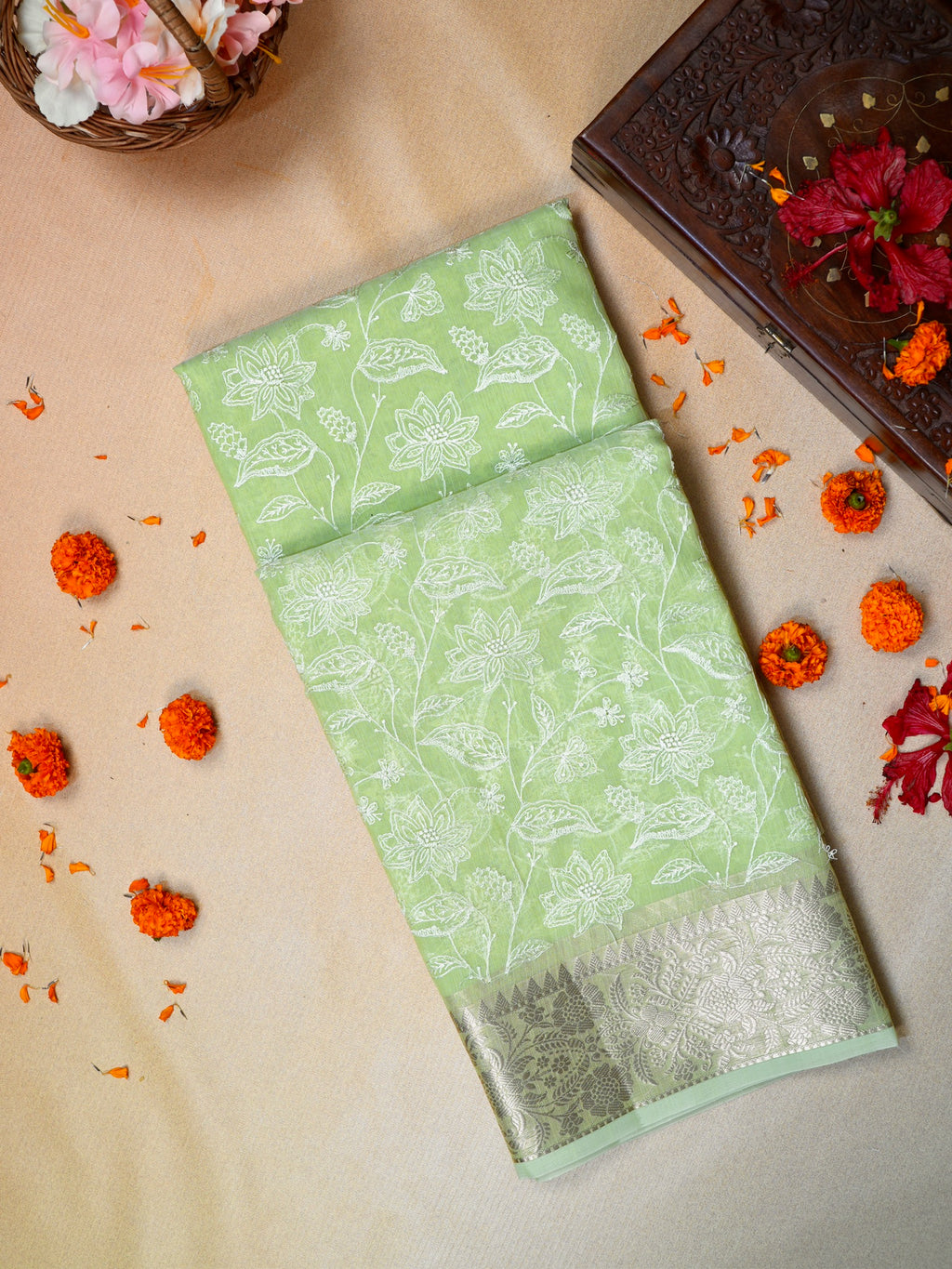 Lime Green Soft Cotton Silk Floral Vine Embroidered Saree with Silver Zari