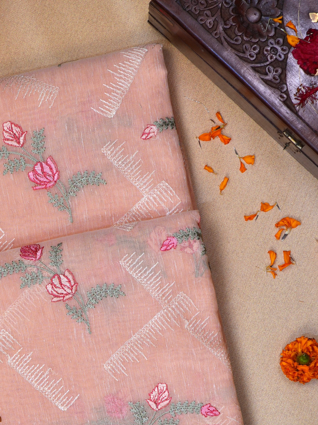 Peach Coral Soft Cotton Silk Floral &amp; Geometric Embroidered Saree with Silver Zari
