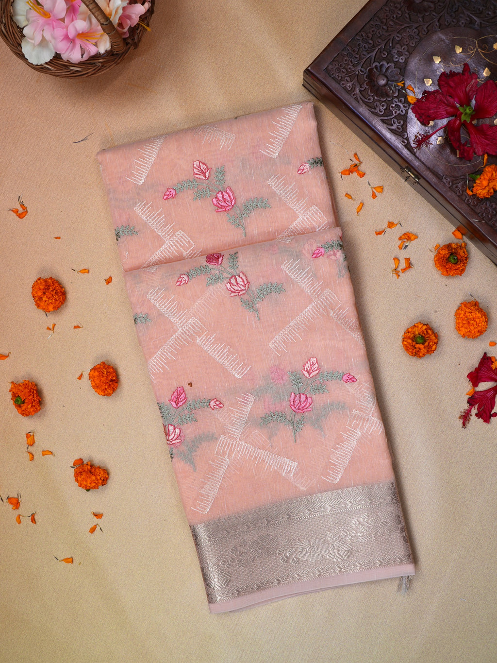 Peach Coral Soft Cotton Silk Floral &amp; Geometric Embroidered Saree with Silver Zari