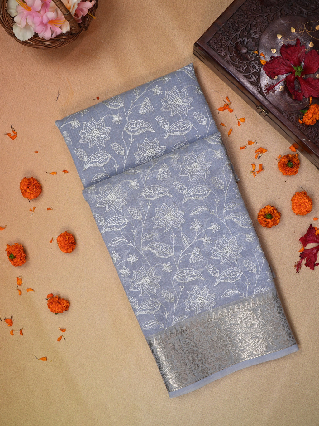 Powder Blue Soft Cotton Silk Floral Vine Embroidered Saree with Silver Zari