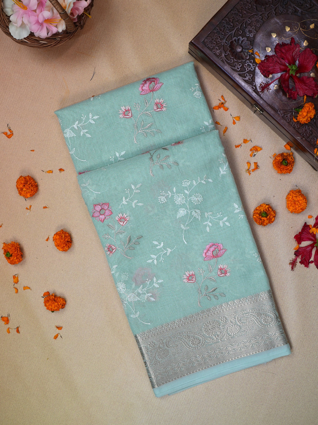 Sea Green Soft Cotton Silk Floral Embroidered Saree with Silver Zari