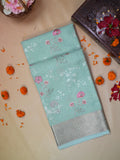Sea Green Soft Cotton Silk Floral Embroidered Saree with Silver Zari