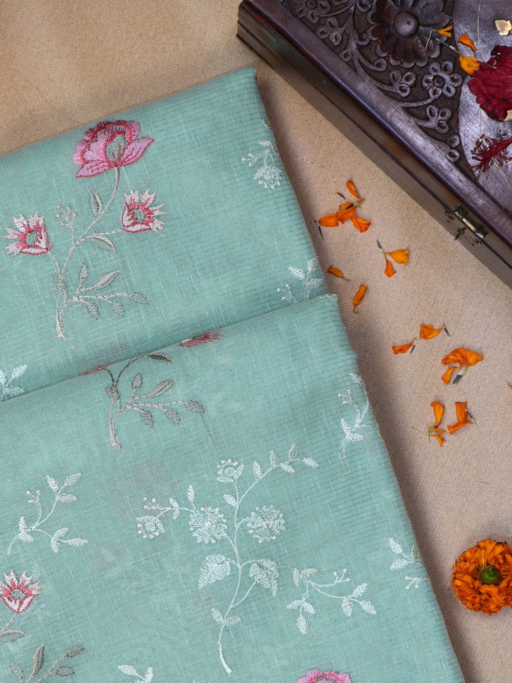 Sea Green Soft Cotton Silk Floral Embroidered Saree with Silver Zari