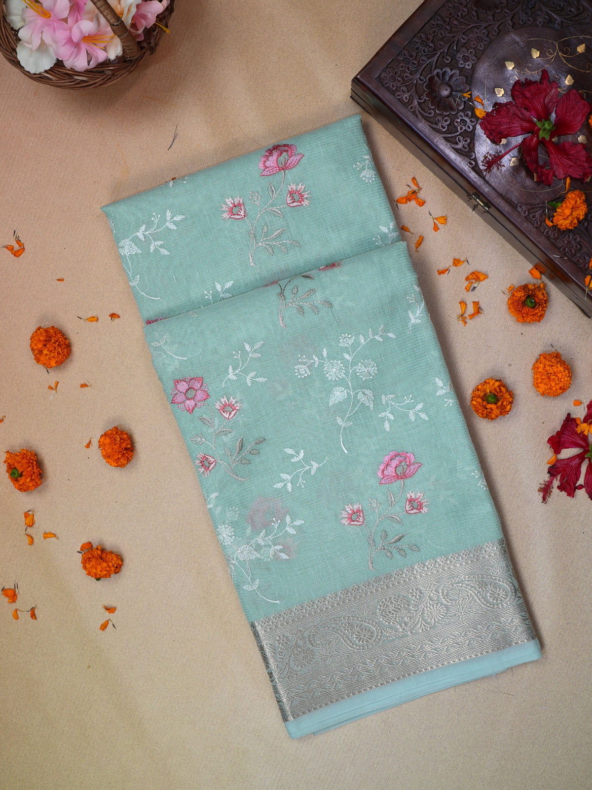 Sea Green Soft Cotton Silk Embroidered Saree with Silver Zari
