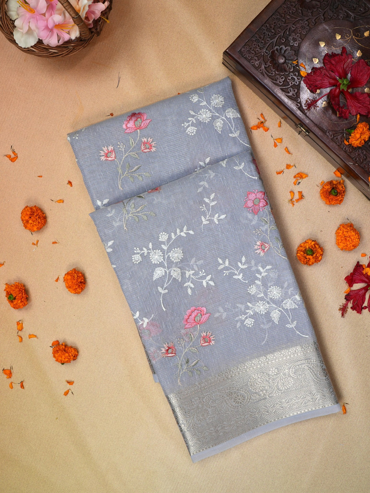 Powder Blue Soft Cotton Silk Floral Embroidered Saree with Silver Zari
