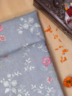 Powder Blue Soft Cotton Silk Floral Embroidered Saree with Silver Zari