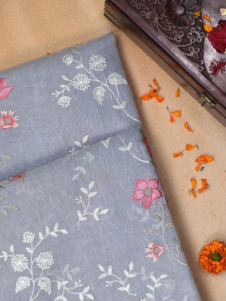 Powder Blue Soft Cotton Silk Floral Embroidered Saree with Silver Zari