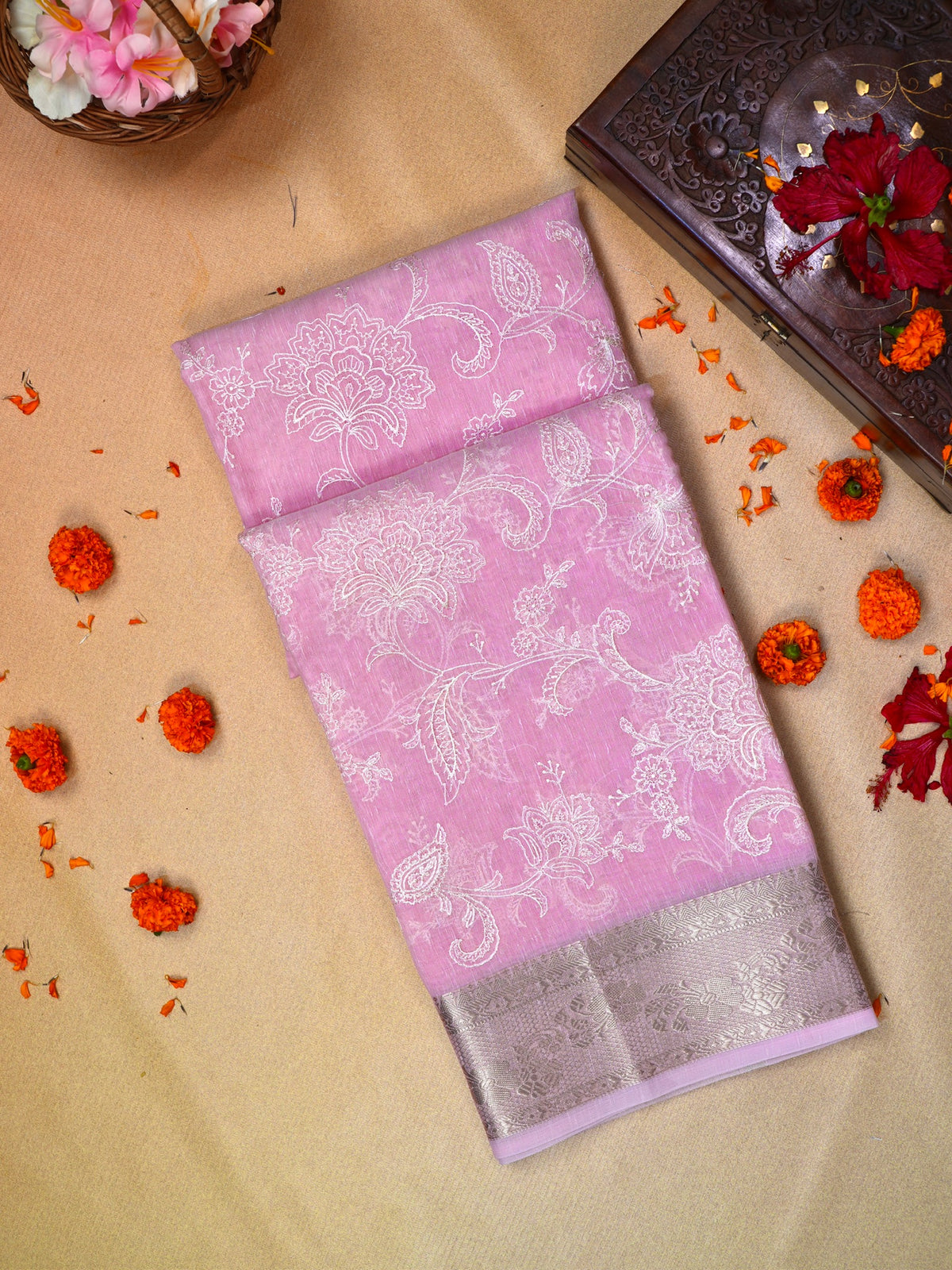 Light Pink Soft Cotton Silk Floral Embroidered Saree with Silver Zari