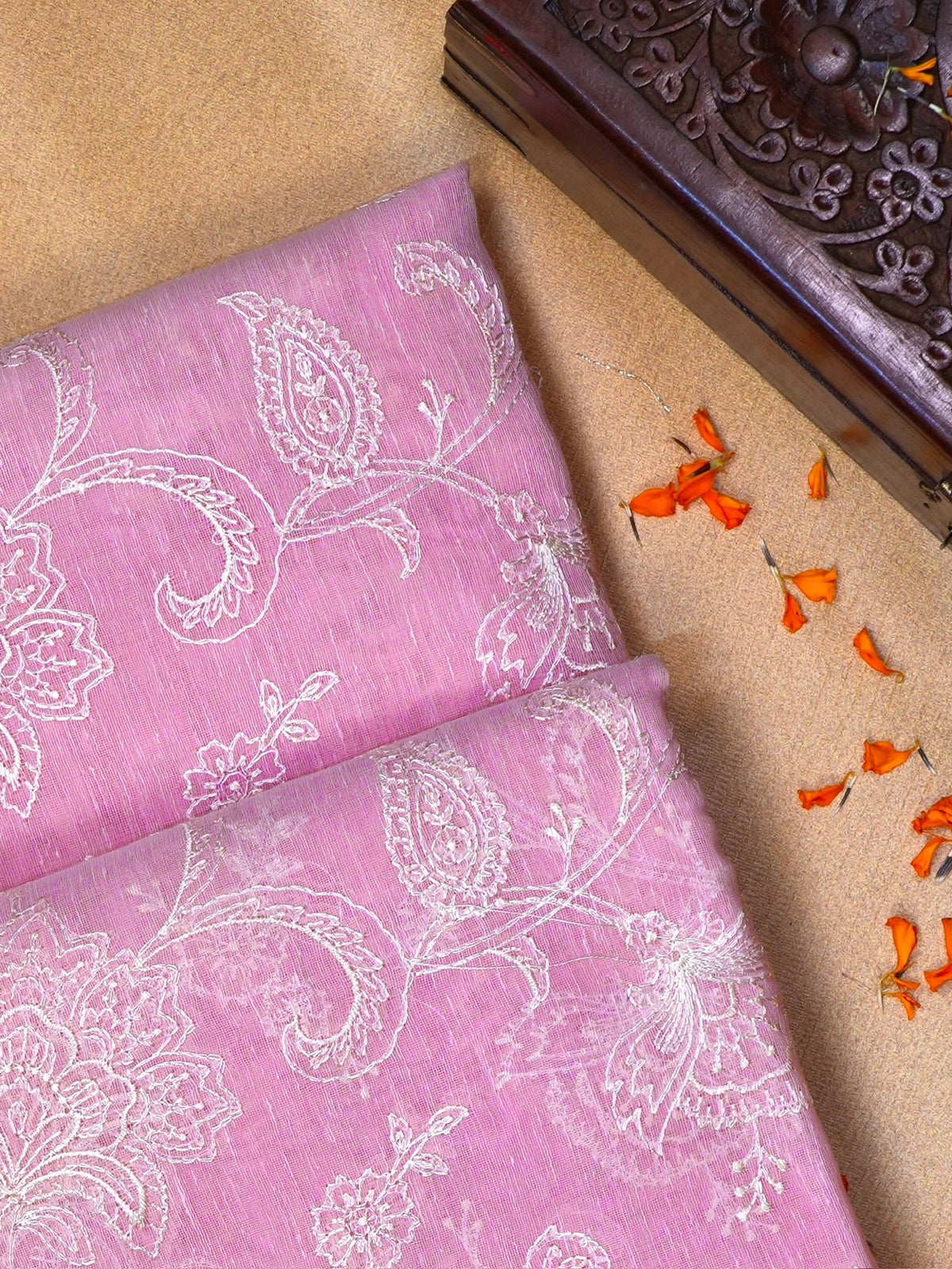 Light Pink Soft Cotton Silk Floral Embroidered Saree with Silver Zari