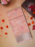 Peach Coral Soft Cotton Silk Floral Embroidered Saree with Silver Zari