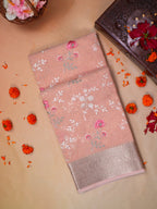 Peach Coral Soft Cotton Silk Floral Embroidered Saree with Silver Zari