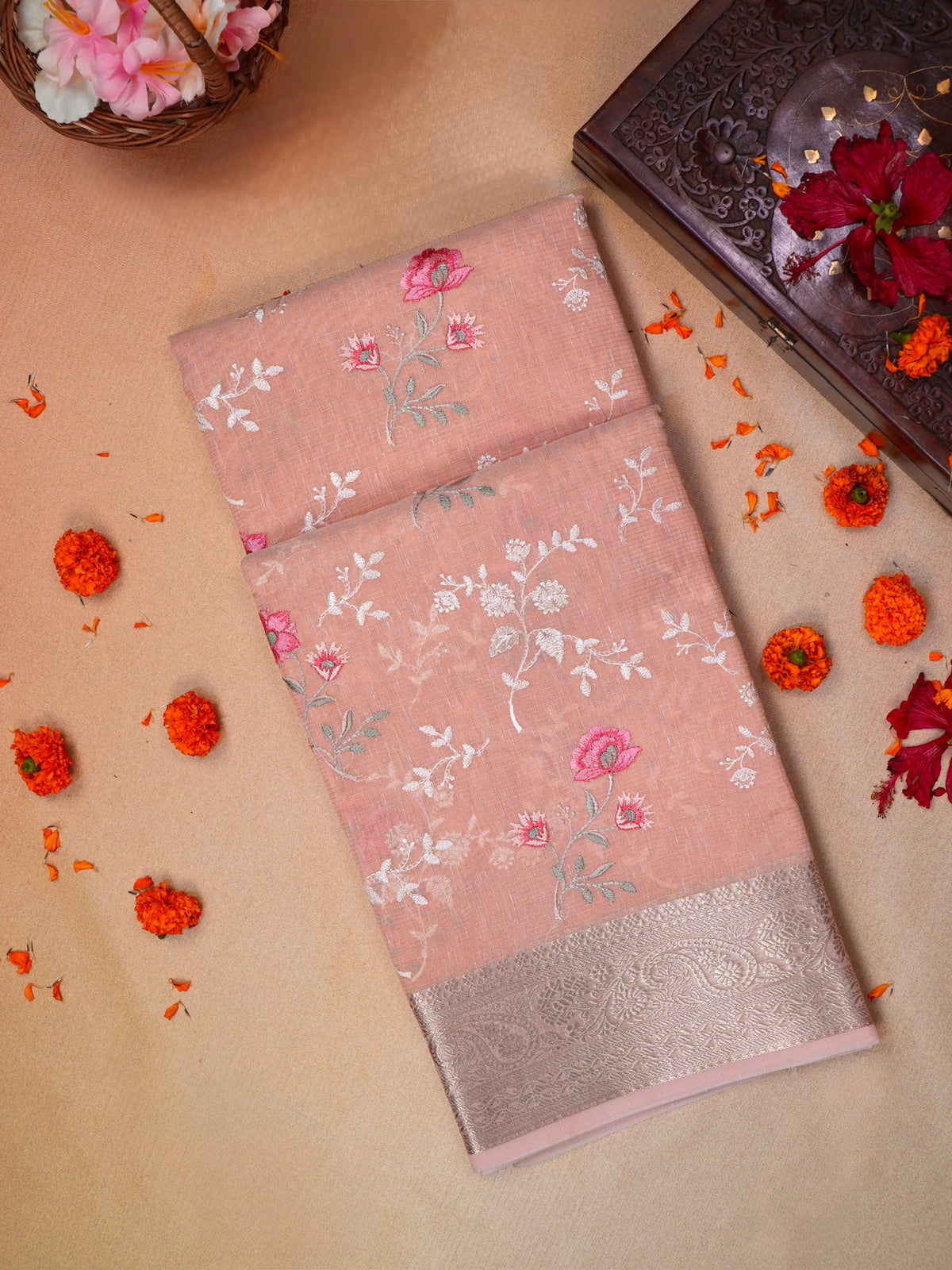 Peach Coral Soft Cotton Silk Floral Embroidered Saree with Silver Zari